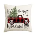 Christmas throw pillow cover, red truck and tree print, linen texture, holiday decor. - Single Pillowcase / SDF-24