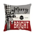 Christmas decorative pillow cover with buffalo plaid bow and merry bright text print. - Single Pillowcase / SDF-43