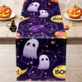 Halloween table runner with cute ghosts and pumpkins on wooden dining table setup main view - 33x183cm / WSJ-Autumn-3