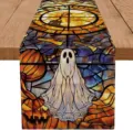 Halloween stained glass ghost table runner, spooky pumpkin home dining table decor. - 33x183cm / WSJ-Autumn-18