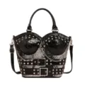 Y2K punk style rivet handbag womens black snakeskin pattern shoulder messenger bag - Black