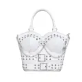 White Y2K punk style bustier handbag with metal studs, chains, and snakeskin texture. - White