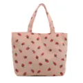 Pink corduroy strawberry print tote bag, large capacity casual shoulder hand bag main view. - One Size / Pink
