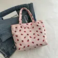 Roze corduroy aardbei print shopper tas, grote capaciteit casual schoudertas voor dames. - Roze