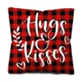 Red Plaid Valentine Pillow Cover Buffalo Check Hugs Kisses Cushion Case Decorative Sofa - 45x45cm Single-Sided Print / Red Black Plaid (2)