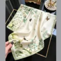 Elegant 100% mulberry silk botanical illustration square scarf, perfect gift for women. - Fragrant Branches Feather / 68cm