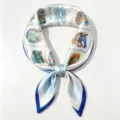 Luxury silk square scarf with elegant horse stamp prints and blue border for women chic styling. - Blue Frame White Horse Head Illustration