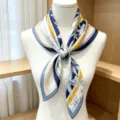 Silk square scarf 65cm blue yellow botanical print luxury style neckerchief elegant accessory - Banana Leaf Blue Tone