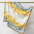 Luxurious 65cm silk square scarf featuring an elegant abstract print and chic border. - Dusk Golden Flow