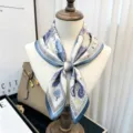 Luxury silk square scarf with vintage blue carriage print, elegant neckerchief for women. - Fantasy Realm Peaks