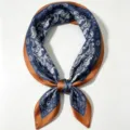 Women silk square scarf with classic paisley print and elegant brown border for daily wear. - Blue Brown Paisley