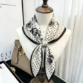 Silk square scarf 65cm black and white polka dot rose floral print neckerchief for women - Black White Rose Polka Dot