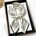 100% Mulberry Silk Square Scarf 68cm Geometric Print Elegant Women Neckerchief Gift Boxed - Black White Geometric Line / 68cm