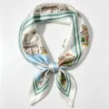 Luxury mulberry silk square scarf with elegant architectural print and green border design. - Green Blue Architectural Illustration