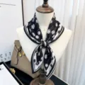 Elegant black and white floral print mulberry silk square scarf, perfect for women's neck wear. - Black Background White Dandelion