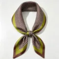 Elegant silk square scarf with green and brown quatrefoil print, 53cm neck scarf for women. - Green Brown Checkerboard