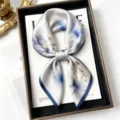 Luxury 100% mulberry silk square scarf 68cm with elegant blue floral illustration design for women. - Blue and White Stained Lotus / 68cm