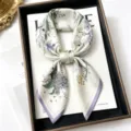 Elegant 100% mulberry silk square scarf 68cm botanical floral print women neckerchief - Lily of the Valley Whispers / 68cm