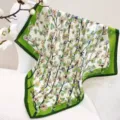 100% mulberry silk square scarf 68cm floral butterfly print elegant women neck scarf accessory. - Green Border Butterfly Flower Branches / 68cm