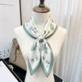 Silk square scarf with green ginkgo leaf geometric print, elegant fashion neck accessory. - Light Stone Ginkgo Ode