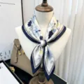 Silk square scarf 65cm for women blue floral print mulberry silk neck kerchief variant - Sea Blue Flower Shadow