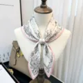 Silk square scarf 65cm botanical print pink border elegant neckerchief for women fashion accessory - Pink Edge Sparse Shadow