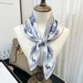 Blue and white silk square scarf with deer print, elegant 65cm neckerchief accessory. - Cyan Mist Deer Wilderness