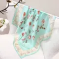 Mint green silk square scarf with elegant rose print, luxury 68cm women neckerchief style. - Green Island Rose / 68cm