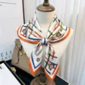 Silk scarf 65cm square neckerchief with orange border and chain print design for women. - Orange Edge Dream Riding