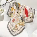 Elegant 100% mulberry silk square scarf with luxury illustrated print design for women. - Accessories Illustration / 68cm