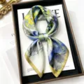 100% mulberry silk square scarf 68cm abstract art printed elegant women neckerchief gift - Deep Blue Broken Gold / 68cm