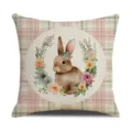 Housse de coussin en lin avec lapin de Pâques couronne florale à carreaux pour déco canapé - Taille 45 Impression Simple / 4FHJ (3)