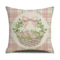 Housse de coussin Paques lin taie oreiller decorative panier oeufs fleurs rose carreau - Taille 45 Impression Simple / 4FHJ (1)