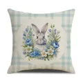 Housse de Coussin Lin Lapin de Pâques Carreaux Bleu Fleurs Décoration de Canapé - Taille 45 Impression Simple / 4FHJ (2)