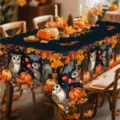 Détail de la nappe d'automne avec de mignons hiboux, écureuils et citrouilles colorées. - HZB734-6