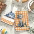 Vista dettagliata del panno da cucina in microfibra con gatto cartoon e motivo a quadri. - 40*60cm / Stile HMJB134-8