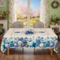 Nappe de table polyester fleurs bleues printemps ete belle decoration salon interieur - HZB730-15 / Tissu Brossé