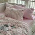 Set de lit rayé rose et blanc avec motif de chien mignon, housse de couette confortable déco. - HDRD355-12