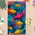 Detailed close-up view of vibrant goldfish printed microfiber beach towel on sandy beach. - 70*140cm / HSTJ34-2
