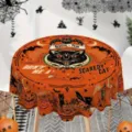 Στρογγυλό τραπεζομάντηλο Halloween, μαύρη γάτα και κολοκύθα διακοσμητικό ύφασμα. - Στρογγυλό / 150*150cm Βουρτσισμένο Ύφασμα