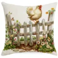 Vue détaillée de la housse de coussin avec motif de poulet et de clôture rustique. - Poule (HYMD57-21)