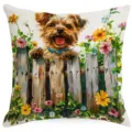 Housse de coussin décorative imprimée chien et clôture avec illustration florale détaillée. - Chien (HYMD57-18)