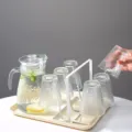 7-piece luxury glass water set with jug, 6 textured cups, metal rack and tray for home guest - 1100ML / Hammered 7-Piece Set / Clear