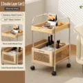 Retro double-layer storage trolley with wooden trays and wheels for home living room organization. - Double Layer Storage / White Oak Color