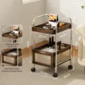 Vintage 2-tier rolling utility cart with solid wood and rattan tray for living room storage. - Double Layer Storage / Burnt Wood