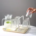 Vertical stripe glass water set with pitcher, cups, and metal rack for home daily use. - 1100ML / Vertical Striped 7-Piece Set / Clear