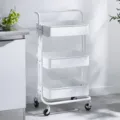 White 3-tier rolling utility cart with wheels, versatile metal storage trolley for kitchen. - White