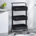 3-tier rolling utility cart, black metal mobile storage organizer for home kitchen - Black