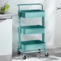 Teal 3-tier metal utility rolling cart for kitchen storage and living room organization - Green