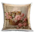 Housse de Coussin Vintage Chat et Rose Mignons Chatons Fleurs Taie d'Oreiller Décoration - 45x45 cm / A1265-15